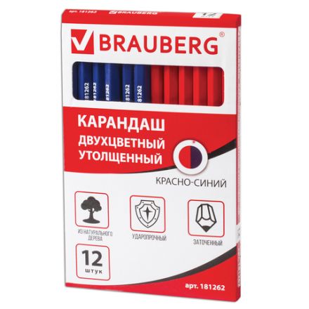 Карандаш двухцветный КРАСНО-СИНИЙ, BRAUBERG, УТОЛЩЕННЫЙ, 1 шт., шестигранный, грифель 4 мм, натуральное дерево, 181262 Карандаш двухцветный КРАСНО-СИНИЙ, BRAUBERG, УТОЛЩЕННЫЙ, 1 шт., шестигранный, грифель 4 мм, натуральное дерево, 181262