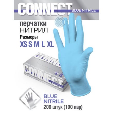 Перчатки нитриловые смотровые 90 пар (180 штук), размер 9-10, XL (очень большой), голубые CONNECT, CON-N2-INT-04