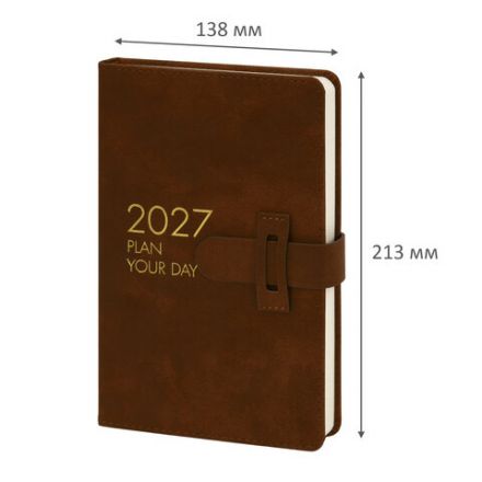 Ежедневник датированный 2027, А5, 138х213 мм, BRAUBERG "Trace", под кожу, ремешок, темно-коричневый, 117980