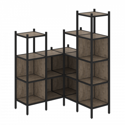 Loft Угловой внутренний стеллаж наборный VR.L-39 Тиквуд тёмный/Чёрный металл 1278*1278*1869