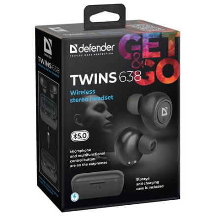 Наушники с микрофоном (гарнитура) DEFENDER TWINS 638, Bluetooth, беспроводные, черные, 63638 Наушники с микрофоном (гарнитура) DEFENDER TWINS 638, Bluetooth, беспроводные, черные, 63638