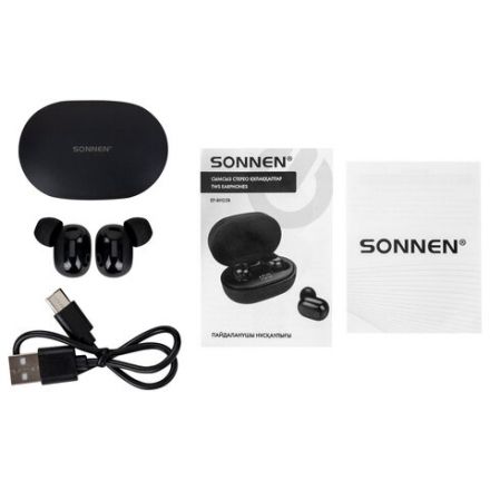 Наушники беспроводные TWS внутриканальные с микрофоном, SONNEN EP-BH25B, Bluetooth 5.3, черные, 514125