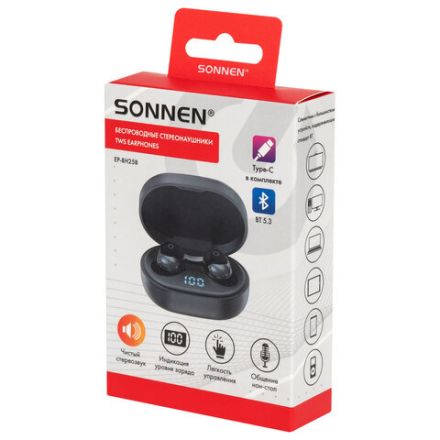 Наушники беспроводные TWS внутриканальные с микрофоном, SONNEN EP-BH25B, Bluetooth 5.3, черные, 514125