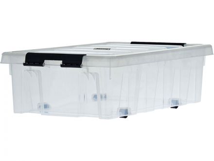 Ящик 580х390х180 мм с крышкой и клипсами, на роликах, прозрачный