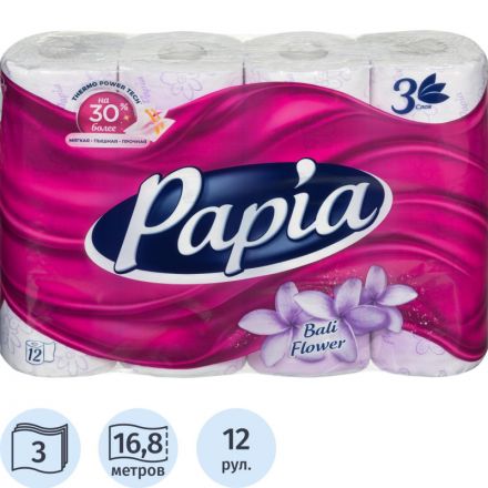 Бумага туалетная Papia Балийский Цветок 3сл бел 100%цел 16,8м 140л 12рул/уп