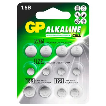 Батарейки НАБОР 12 шт. (А76 – 4 шт., 177 – 4 шт., 189 – 2 шт., 192 – 2 шт.), GP Alkaline, блистер, ACM02F-2CR12 Батарейки НАБОР 12 шт. (А76 – 4 шт., 177 – 4 шт., 189 – 2 шт., 192 – 2 шт.), GP Alkaline, блистер, ACM02F-2CR12