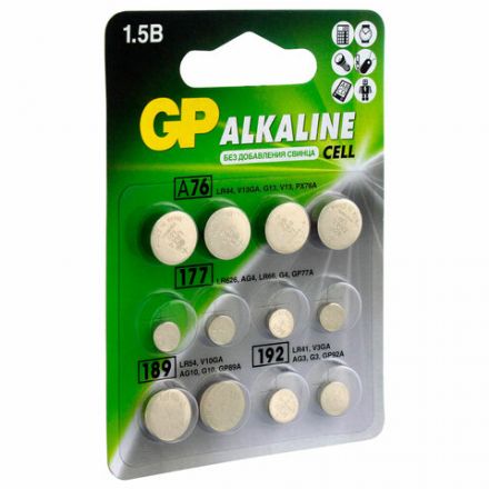 Батарейки НАБОР 12 шт. (А76 – 4 шт., 177 – 4 шт., 189 – 2 шт., 192 – 2 шт.), GP Alkaline, блистер, ACM02F-2CR12 Батарейки НАБОР 12 шт. (А76 – 4 шт., 177 – 4 шт., 189 – 2 шт., 192 – 2 шт.), GP Alkaline, блистер, ACM02F-2CR12