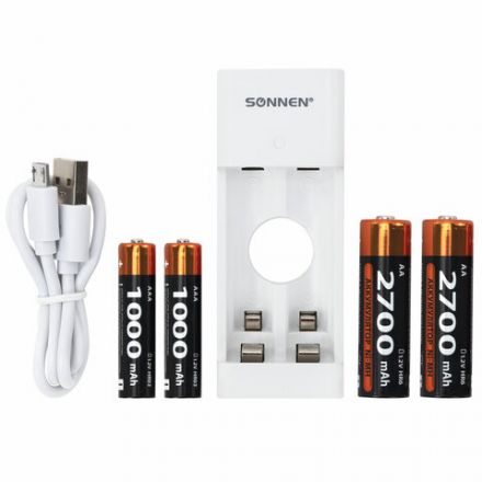 Зарядное устройство с аккумуляторами 4 шт. (2+2) AA+AAA (HR6+HR03), 2700 mAh + 1000 mAh, SONNEN (СОНЕН) BC2, 455005