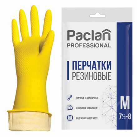 Перчатки МНОГОРАЗОВЫЕ латексные PACLAN "Professional", хлопчатобумажное напыление, размер 7,5-8, M (средний), желтые Перчатки МНОГОРАЗОВЫЕ латексные PACLAN "Professional", хлопчатобумажное напыление, размер 7,5-8, M (средний), желтые