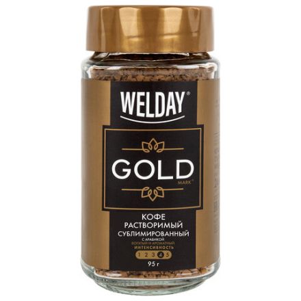 Кофе растворимый WELDAY (ВЭЛДЭЙ) "GOLD" 95 г, стеклянная банка, сублимированный, 622675 Кофе растворимый WELDAY (ВЭЛДЭЙ) "GOLD" 95 г, стеклянная банка, сублимированный, 622675