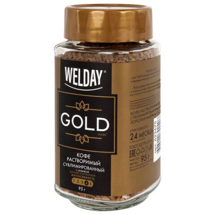 Кофе растворимый WELDAY (ВЭЛДЭЙ) "GOLD" 95 г, стеклянная банка, сублимированный, 622675 Кофе растворимый WELDAY (ВЭЛДЭЙ) "GOLD" 95 г, стеклянная банка, сублимированный, 622675