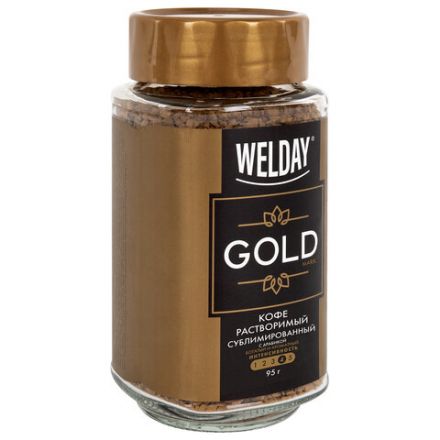 Кофе растворимый WELDAY (ВЭЛДЭЙ) "GOLD" 95 г, стеклянная банка, сублимированный, 622675 Кофе растворимый WELDAY (ВЭЛДЭЙ) "GOLD" 95 г, стеклянная банка, сублимированный, 622675