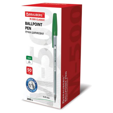 Ручка шариковая BRAUBERG "M-500 CLASSIC", ЗЕЛЕНАЯ, корпус прозрачный, узел 0,7 мм, линия письма 0,35 мм, 143447 Ручка шариковая BRAUBERG "M-500 CLASSIC", ЗЕЛЕНАЯ, корпус прозрачный, узел 0,7 мм, линия письма 0,35 мм, 143447