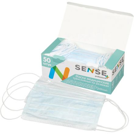 Маска медицинская 3-х сл., мельтб, резинки, голубая Sense, картон 50шт/уп Маска медицинская 3-х сл., мельтб, резинки, голубая Sense, картон 50шт/уп