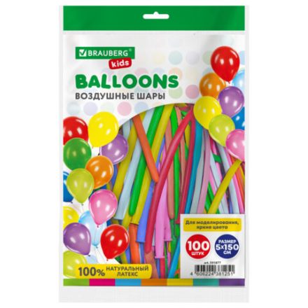 Шары воздушные для моделирования 5х150 см, 100 штук, ассорти, BRAUBERG KIDS, 591877 Шары воздушные для моделирования 5х150 см, 100 штук, ассорти, BRAUBERG KIDS, 591877