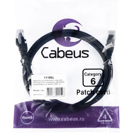 Патч-корд Cabeus PC-UTP-RJ45-Cat.6-1m-BK-LSZH U/UTP, кат6,2xRJ45/8p8c,черн