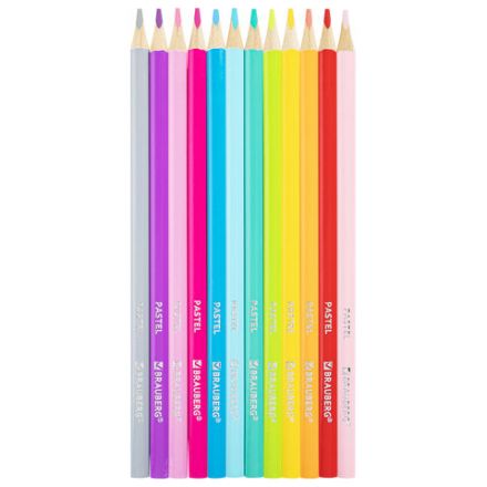 Карандаши цветные BRAUBERG PASTEL, 12 пастельных цветов, трехгранные, грифель 3 мм, натуральное дерево, 181850