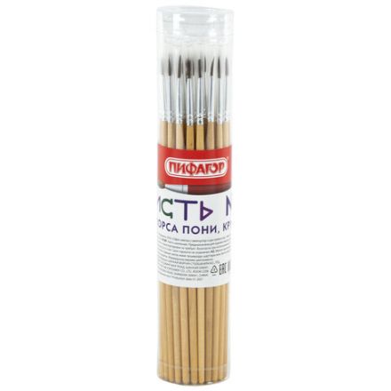 Кисть ПИФАГОР, ПОНИ, круглая, № 1, деревянная лакированная ручка, с колпачком, 200830 Кисть ПИФАГОР, ПОНИ, круглая, № 1, деревянная лакированная ручка, с колпачком, 200830