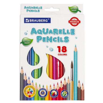 Карандаши цветные акварельные BRAUBERG PREMIUM AQUARELLE, 18 цветов, трехгранные, утолщенный грифель 4 мм, натуральное дерево, 181672 Карандаши цветные акварельные BRAUBERG PREMIUM AQUARELLE, 18 цветов, трехгранные, утолщенный грифель 4 мм, натуральное дерево, 181672