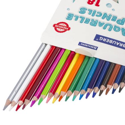 Карандаши цветные акварельные BRAUBERG PREMIUM AQUARELLE, 18 цветов, трехгранные, утолщенный грифель 4 мм, натуральное дерево, 181672 Карандаши цветные акварельные BRAUBERG PREMIUM AQUARELLE, 18 цветов, трехгранные, утолщенный грифель 4 мм, натуральное дерево, 181672