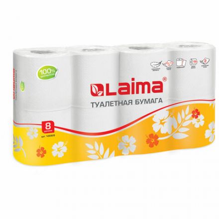 Бумага туалетная бытовая, спайка 8 шт., 2-х слойная, (8х19 м), LAIMA, белая, 126905 Бумага туалетная бытовая, спайка 8 шт., 2-х слойная, (8х19 м), LAIMA, белая, 126905