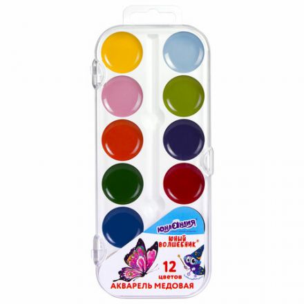 Краски акварельные ЮНЛАНДИЯ "ЮНЫЙ ВОЛШЕБНИК", медовые, 12 цветов, круглые кюветы, пластик, 192358 Краски акварельные ЮНЛАНДИЯ "ЮНЫЙ ВОЛШЕБНИК", медовые, 12 цветов, круглые кюветы, пластик, 192358