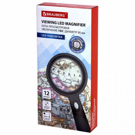 Лупа просмотровая с LED-ПОДСВЕТКОЙ, диаметр 90 мм, увеличение 10, корпус черный, BRAUBERG, 455928 Лупа просмотровая с LED-ПОДСВЕТКОЙ, диаметр 90 мм, увеличение 10, корпус черный, BRAUBERG, 455928