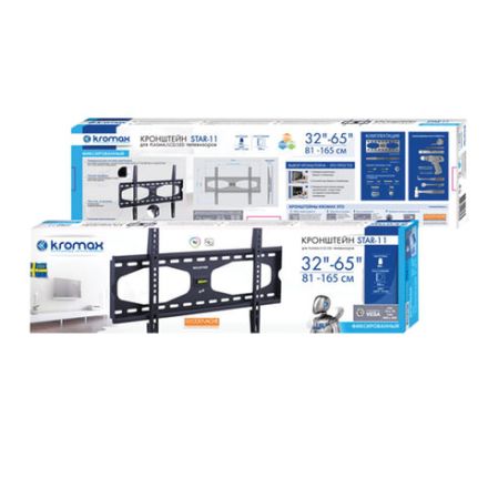 Кронштейн-крепление для ТВ настенный KROMAX STAR-11, VESA 75-600/400, 32-65", 0 степеней свободы, до 50 кг, серый, 20159