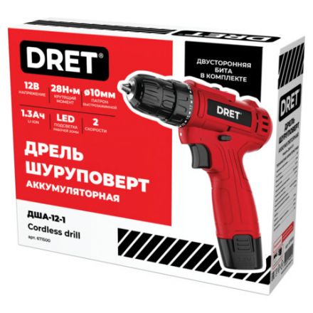 Дрель-шуруповерт аккумуляторная, 12В, Li-ion 1х1,3Ач, 28Нм, БИТА в комплекте, DRET (ДРЕТ) ДША-12-1, 671500