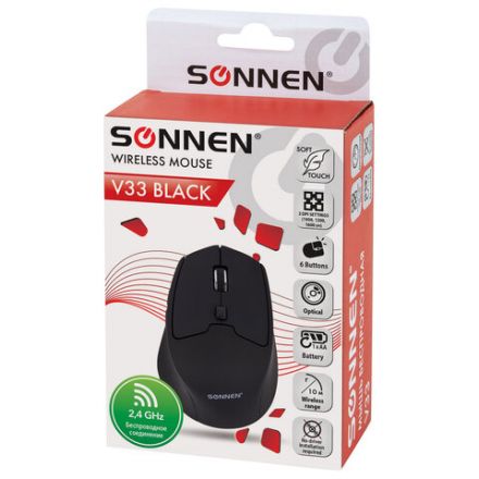 Мышь беспроводная SONNEN V33, USB, 800/1200/1600 dpi, 6 кнопок, оптическая, черная, SOFT TOUCH, 513517 Мышь беспроводная SONNEN V33, USB, 800/1200/1600 dpi, 6 кнопок, оптическая, черная, SOFT TOUCH, 513517