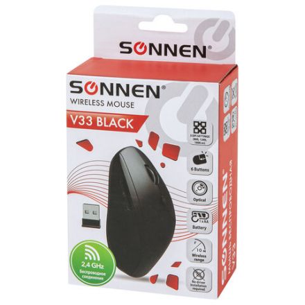 Мышь беспроводная SONNEN V33, USB, 800/1200/1600 dpi, 6 кнопок, оптическая, черная, SOFT TOUCH, 513517 Мышь беспроводная SONNEN V33, USB, 800/1200/1600 dpi, 6 кнопок, оптическая, черная, SOFT TOUCH, 513517