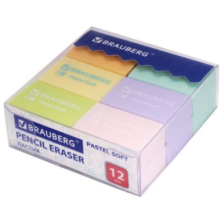 Ластики BRAUBERG "Pastel Soft" НАБОР 12 шт., размер ластика 31х20х10 мм, экологичный ПВХ, 229598 Ластики BRAUBERG "Pastel Soft" НАБОР 12 шт., размер ластика 31х20х10 мм, экологичный ПВХ, 229598