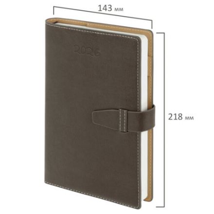 Ежедневник датированный 2026, А5, 143х218 мм, BRAUBERG "Journal", под кожу, застежка, держатель для ручки, органайзер, серый, 117381
