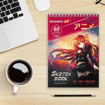 Скетчбук, белая бумага 100 г/м2, 140х201 мм, 60 л., гребень, жёсткая подложка, BRAUBERG ART DEBUT, "Аниме", 115061 