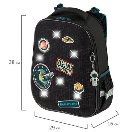 Ранец BRAUBERG PREMIUM, 2 отделения, с брелком, "Space mission", LED ЛАМПОЧКИ, 38х29х16 см, 270599
