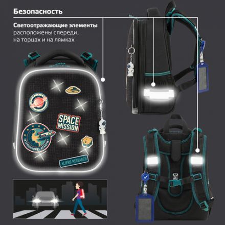Ранец BRAUBERG PREMIUM, 2 отделения, с брелком, "Space mission", LED ЛАМПОЧКИ, 38х29х16 см, 270599