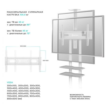 Стойка Onkron для телевизора с кронштейном 50-86, мобильная, белая TS1881 Стойка Onkron для телевизора с кронштейном 50-86, мобильная, белая TS1881