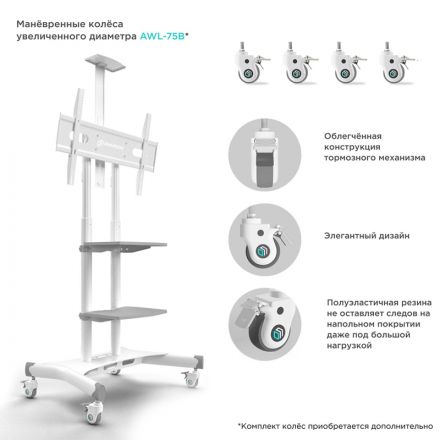 Стойка Onkron для телевизора с кронштейном 50-86, мобильная, белая TS1881 Стойка Onkron для телевизора с кронштейном 50-86, мобильная, белая TS1881