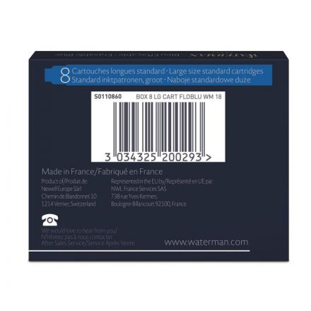 Картридж для перьевой ручки сменный Waterman Cartridge Size Standard синий (8 штук в упаковке) Картридж для перьевой ручки сменный Waterman Cartridge Size Standard синий (8 штук в упаковке)