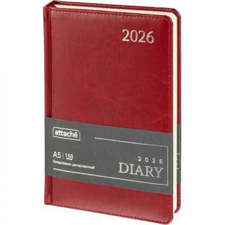 Ежедневник датированный 2026 Attache А5, 168л, 138x213мм, под кожу бордовый