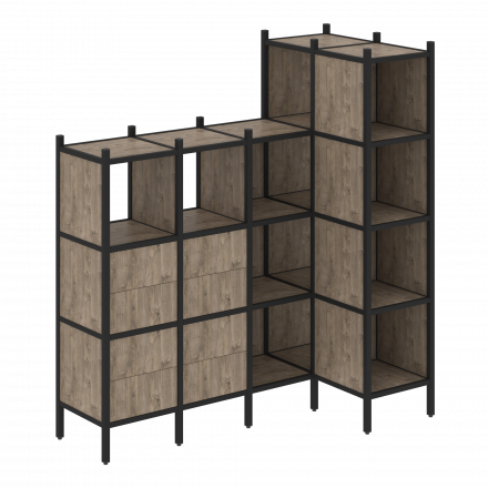 Loft Угловой внутренний стеллаж наборный VR.L-47 Тиквуд тёмный/Чёрный металл 1694*862*1869