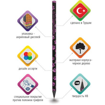 Карандаш чернографитный BRAUBERG "PREMIUM TURKEY", 1 шт., "Paws", НВ, ассорти, дисплей, 181566 Карандаш чернографитный BRAUBERG "PREMIUM TURKEY", 1 шт., "Paws", НВ, ассорти, дисплей, 181566
