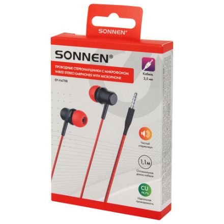Наушники проводные внутриканальные с микрофоном SONNEN EP-H47RB, 1,1 м, красные/черные, 514129