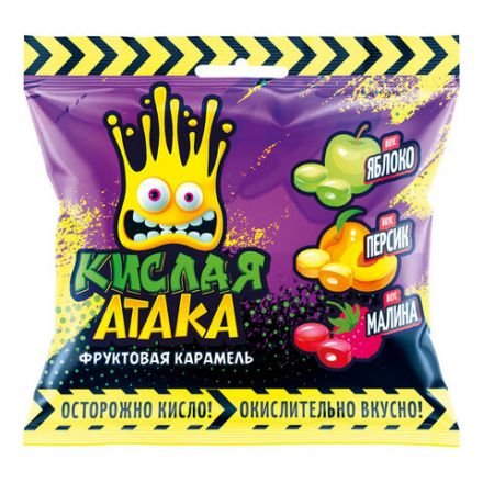 Карамель леденцовая КИСЛАЯ АТАКА Ассорти вкусов яблоко, персик, малина 40 г, KA-4-1