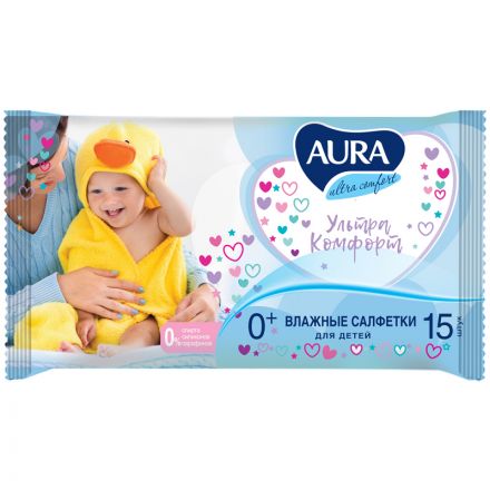 Салфетки влажные Aura "Ultra comfort", 15шт., детские, универсал. очищающие, без спирта Салфетки влажные Aura "Ultra comfort", 15шт., детские, универсал. очищающие, без спирта
