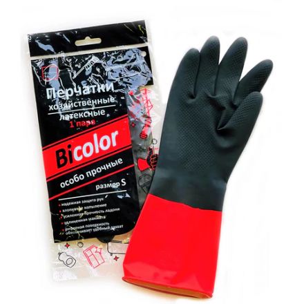 Перчатки МНОГОРАЗОВЫЕ латексные BiColor черно-красные, хлопчатобумажное напыление, размер 6,5-7, S (малый), вес 60 г, КП, 139468