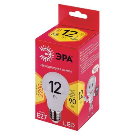 Лампа светодиодная ЭРА RED LINE, 12 (90) Вт, цоколь Е27, груша, теплый белый свет, 25000 ч., LED A60-12W-3000-E27, Б0050197 Лампа светодиодная ЭРА RED LINE, 12 (90) Вт, цоколь Е27, груша, теплый белый свет, 25000 ч., LED A60-12W-3000-E27, Б0050197