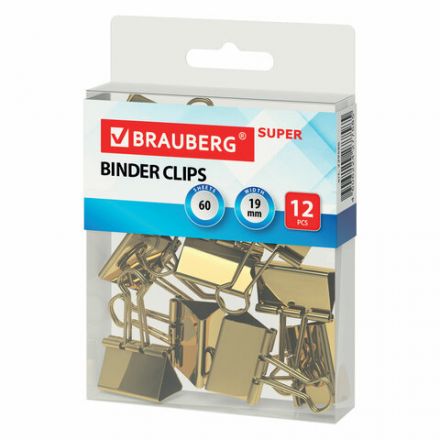 Зажимы для бумаг BRAUBERG EXTRA, КОМПЛЕКТ 12 шт., 19 мм, на 60 л., золотистые, европодвес, 229586 Зажимы для бумаг BRAUBERG EXTRA, КОМПЛЕКТ 12 шт., 19 мм, на 60 л., золотистые, европодвес, 229586