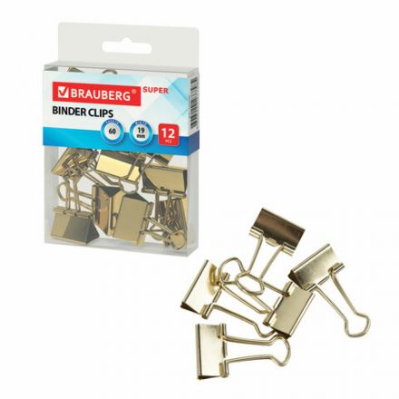 Зажимы для бумаг BRAUBERG EXTRA, КОМПЛЕКТ 12 шт., 19 мм, на 60 л., золотистые, европодвес, 229586 Зажимы для бумаг BRAUBERG EXTRA, КОМПЛЕКТ 12 шт., 19 мм, на 60 л., золотистые, европодвес, 229586