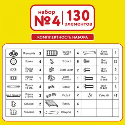 Конструктор металлический ЮНЛАНДИЯ "Для уроков труда №4", развивающий, 130 элементов, 104682 Конструктор металлический ЮНЛАНДИЯ "Для уроков труда №4", развивающий, 130 элементов, 104682